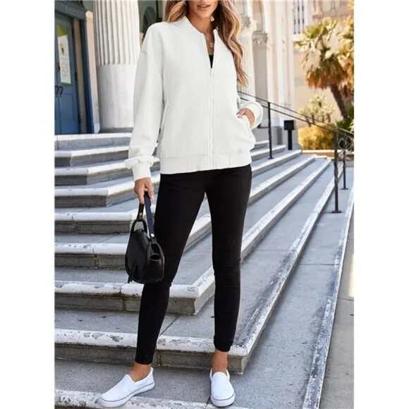 Womens Bomber Jacket Coat Casual Stand Collar Zip Up Lightweight Fall
