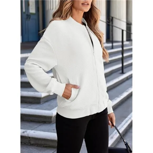 Womens Bomber Jacket Coat Casual Stand Collar Zip Up Lightweight Fall