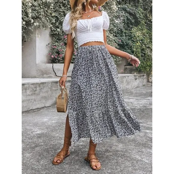 Women's Casual High Waist Floral Print Skirt Split Thigh A Line Maxi Skirts