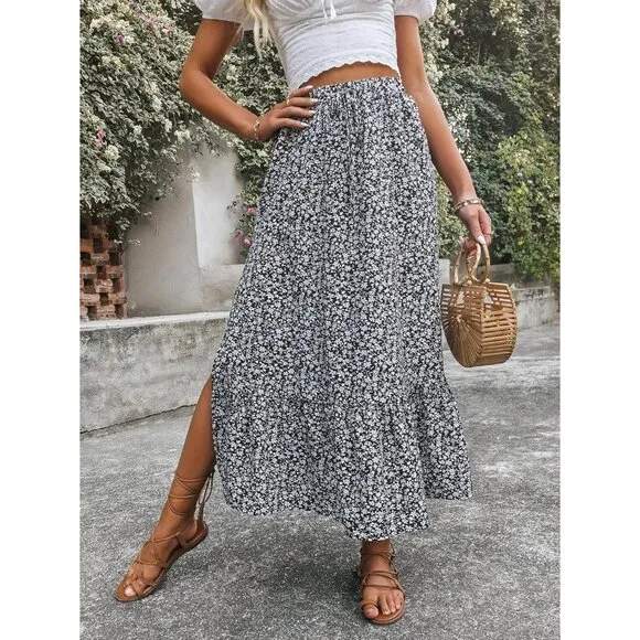 Women's Casual High Waist Floral Print Skirt Split Thigh A Line Maxi Skirts