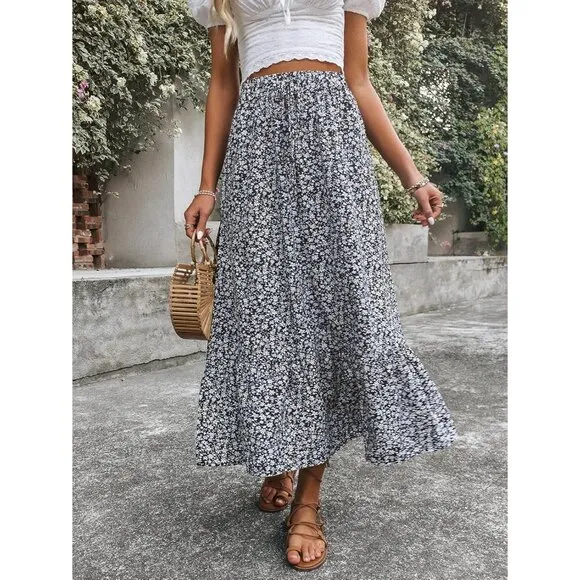 Women's Casual High Waist Floral Print Skirt Split Thigh A Line Maxi Skirts