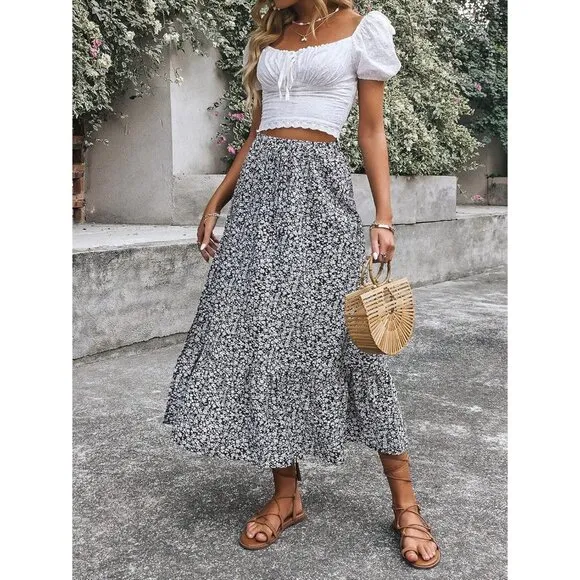 Women's Casual High Waist Floral Print Skirt Split Thigh A Line Maxi Skirts