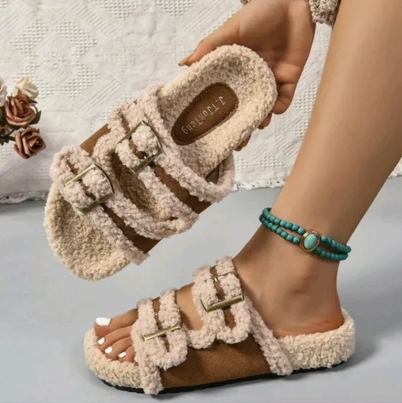 Women's Double Buckle Hollow Open Toe Flat House Slippers,Cozy Fluffy Winter