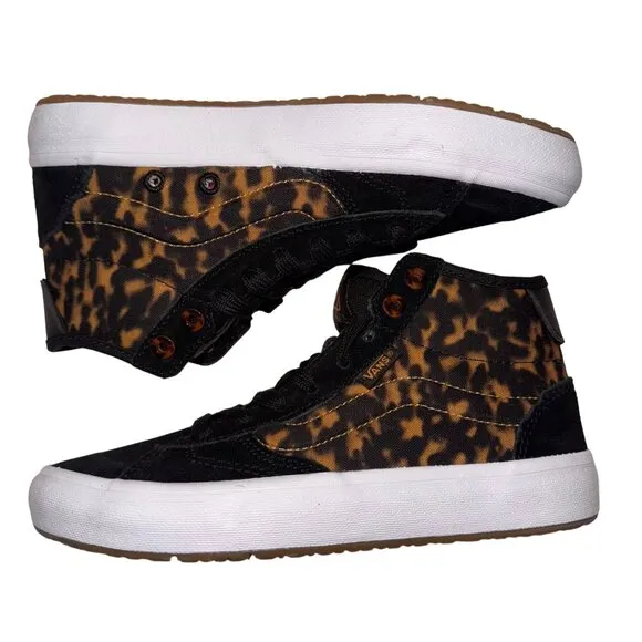Womens Size 5 Vans Lizzie Tortoise Skate Sneakers Black Tan Canvas Shoes Mid Top