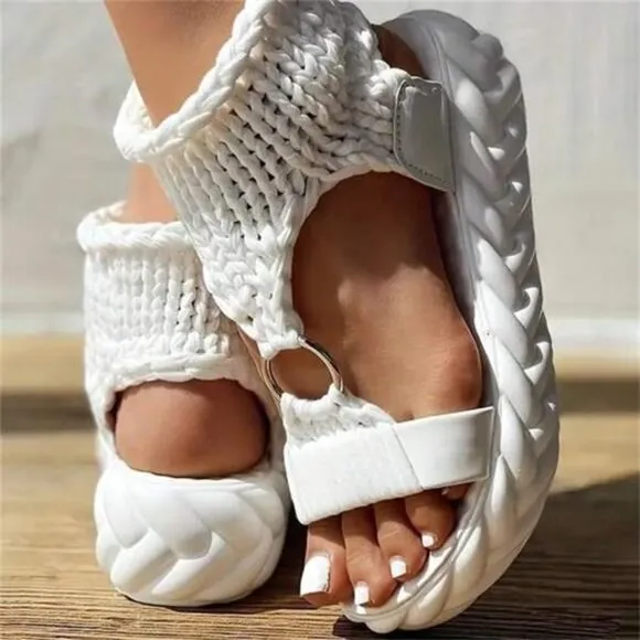 Women's Solid Color Braided Sandals, Slip On Soft Sole Platform Daily Shoes