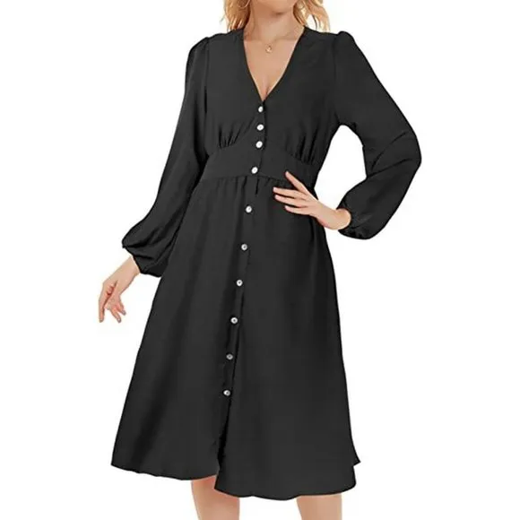 Women's Split Deep V Midi Dress with Pockets, Black