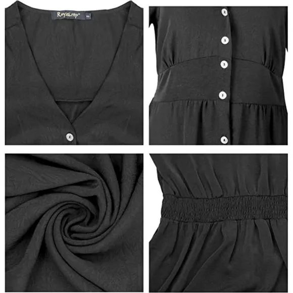 Women's Split Deep V Midi Dress with Pockets, Black