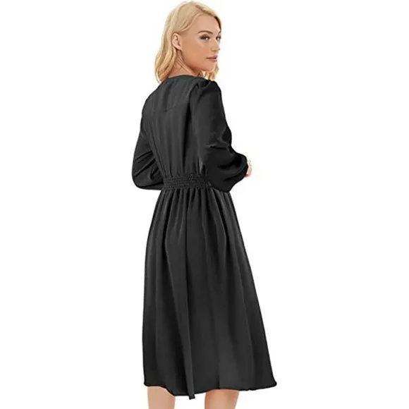 Women's Split Deep V Midi Dress with Pockets, Black