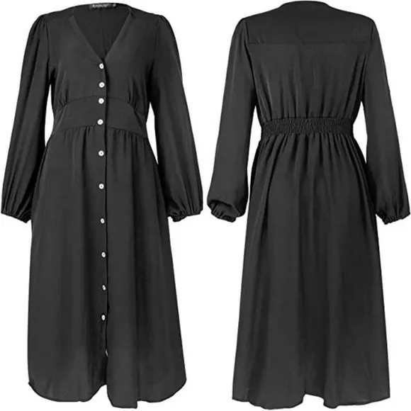 Women's Split Deep V Midi Dress with Pockets, Black