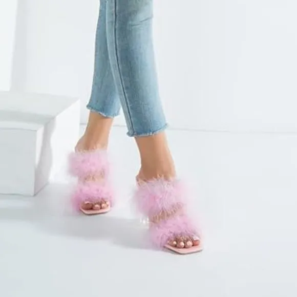 Women's square toe fuzzy heels