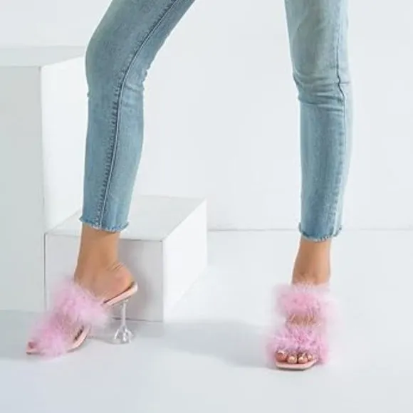 Women's square toe fuzzy heels