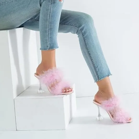 Women's square toe fuzzy heels