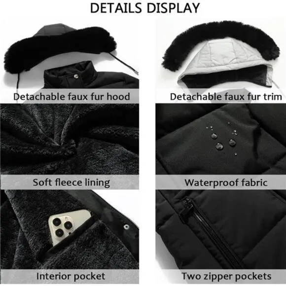 Women's Winter Puffer Coat Thicken Fleece Lined Down Jacket Waterproof Faux Fur