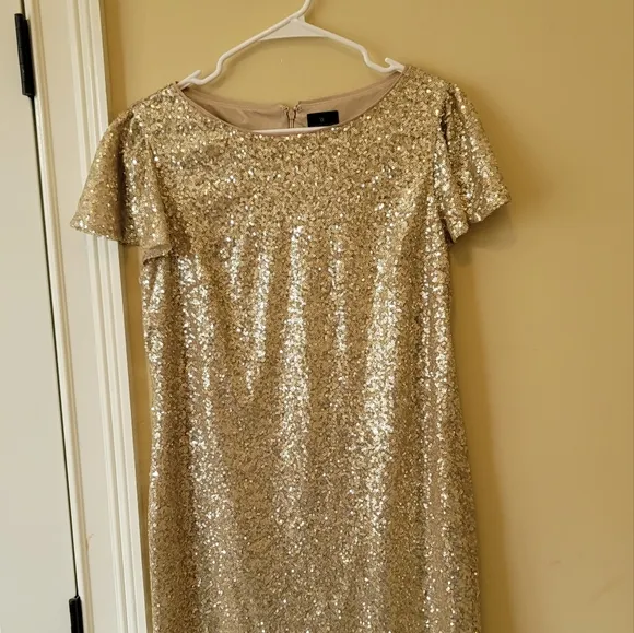 Worthington Sequin Rhinestone Shimmer Gold Sparkle Short Sleeve Dress Size M