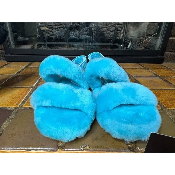 Youth 4 Ugg Australia Oh Yeah Light Blue Fluffy Soft Slippers 1115752K