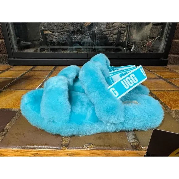 Youth 4 Ugg Australia Oh Yeah Light Blue Fluffy Soft Slippers 1115752K