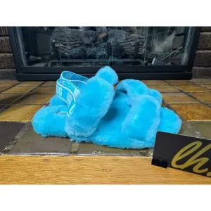 Youth 4 Ugg Australia Oh Yeah Light Blue Fluffy Soft Slippers 1115752K