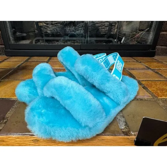 Youth 4 Ugg Australia Oh Yeah Light Blue Fluffy Soft Slippers 1115752K