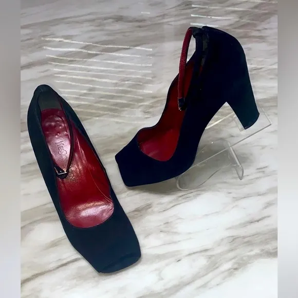 YSL Suede ankle strap peep toe shoes