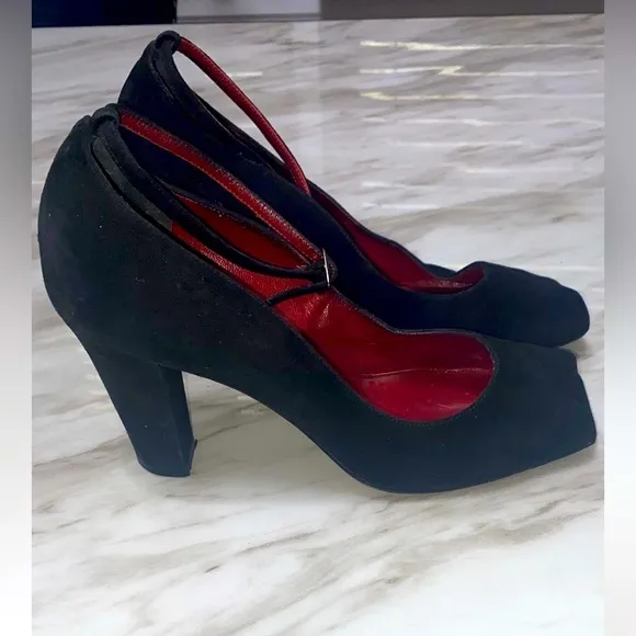 YSL Suede ankle strap peep toe shoes