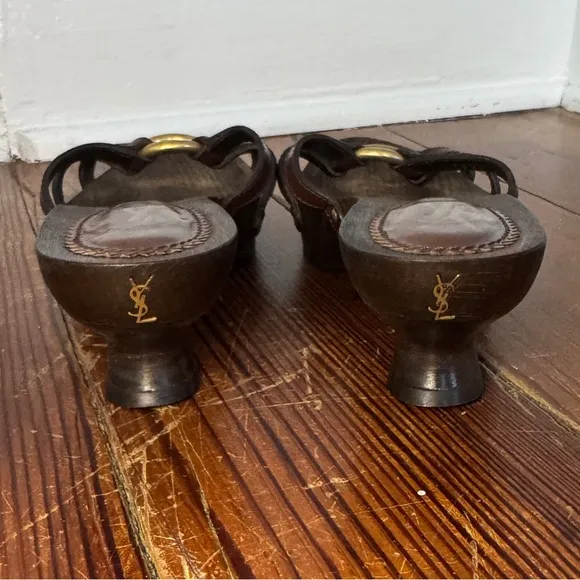 YSL Yves Saint Laurent wooden clog leather mules Heels Sandals Vintage 37 7.5