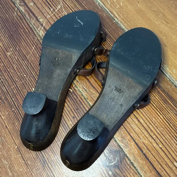 YSL Yves Saint Laurent wooden clog leather mules Heels Sandals Vintage 37 7.5
