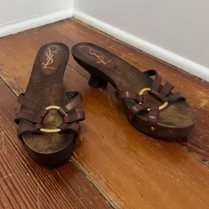YSL Yves Saint Laurent wooden clog leather mules Heels Sandals Vintage 37 7.5