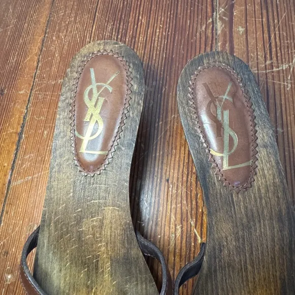 YSL Yves Saint Laurent wooden clog leather mules Heels Sandals Vintage 37 7.5