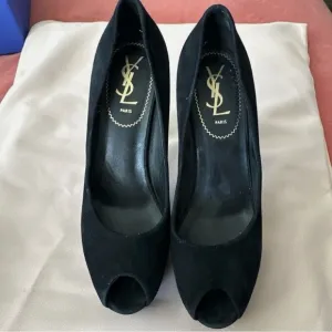Yves Saint Laurent Black Peep Toe Women's Shoes size 38 1/2