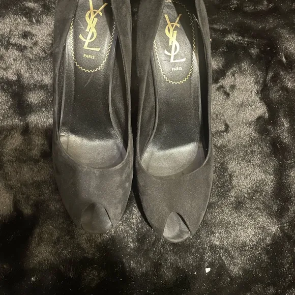 Yves Saint Laurent Black Peep Toe Women's Shoes size 38 1/2