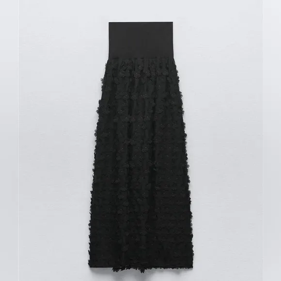 Zara Black Strapless Embroidered Floral Appliqué Maxi Dress