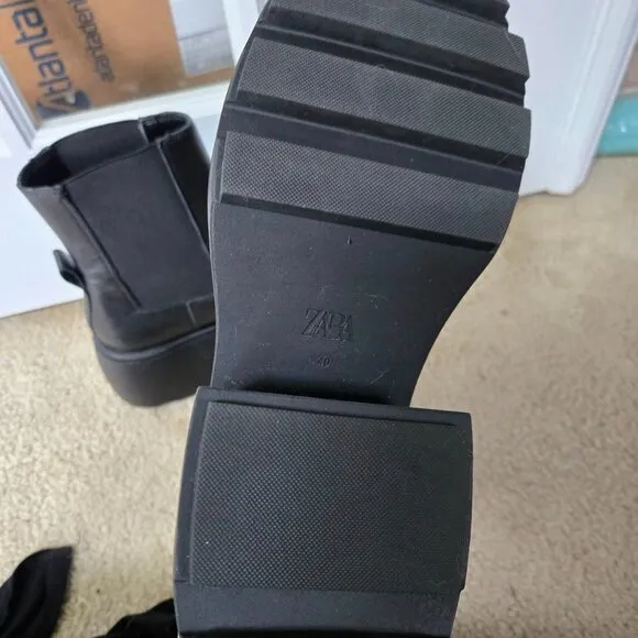 Zara Lug Sole Heeled Leather Ankle Boots Size 40