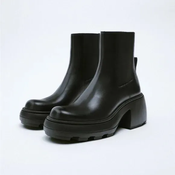 Zara Lug Sole Heeled Leather Ankle Boots Size 40
