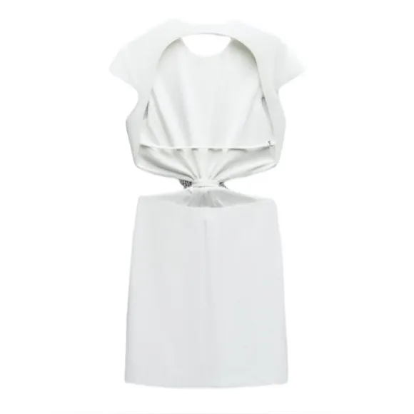 Zara White Mini Cut-Out Dress With Rhinestone Bow