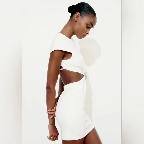Zara White Mini Cut-Out Dress With Rhinestone Bow