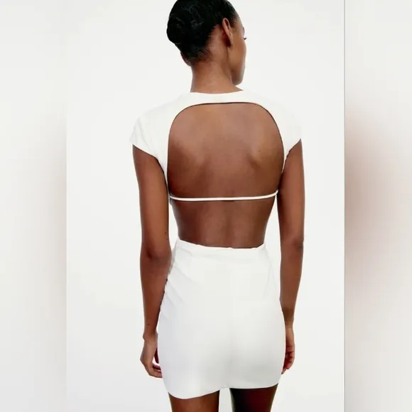 Zara White Mini Cut-Out Dress With Rhinestone Bow