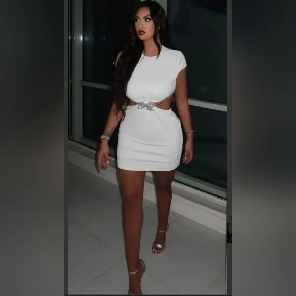 Zara White Mini Cut-Out Dress With Rhinestone Bow