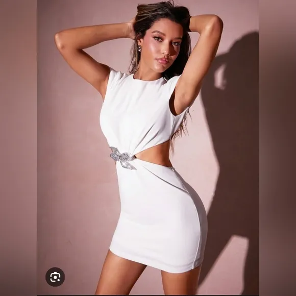 Zara White Mini Cut-Out Dress With Rhinestone Bow