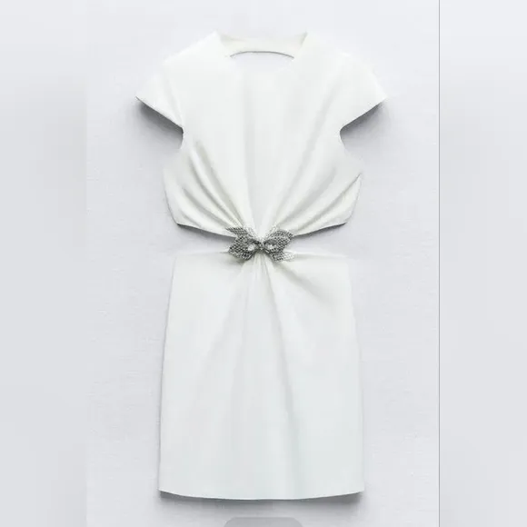 Zara White Mini Cut-Out Dress With Rhinestone Bow